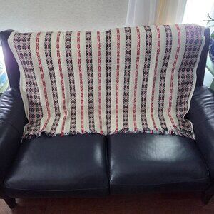 Vintage Hand Woven Red Black Tablecloth